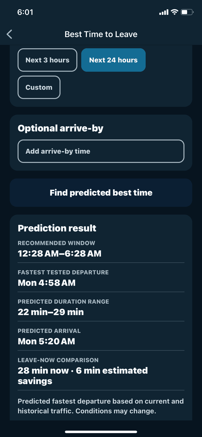 Best Time to Leave prediction screen with recommended departure window