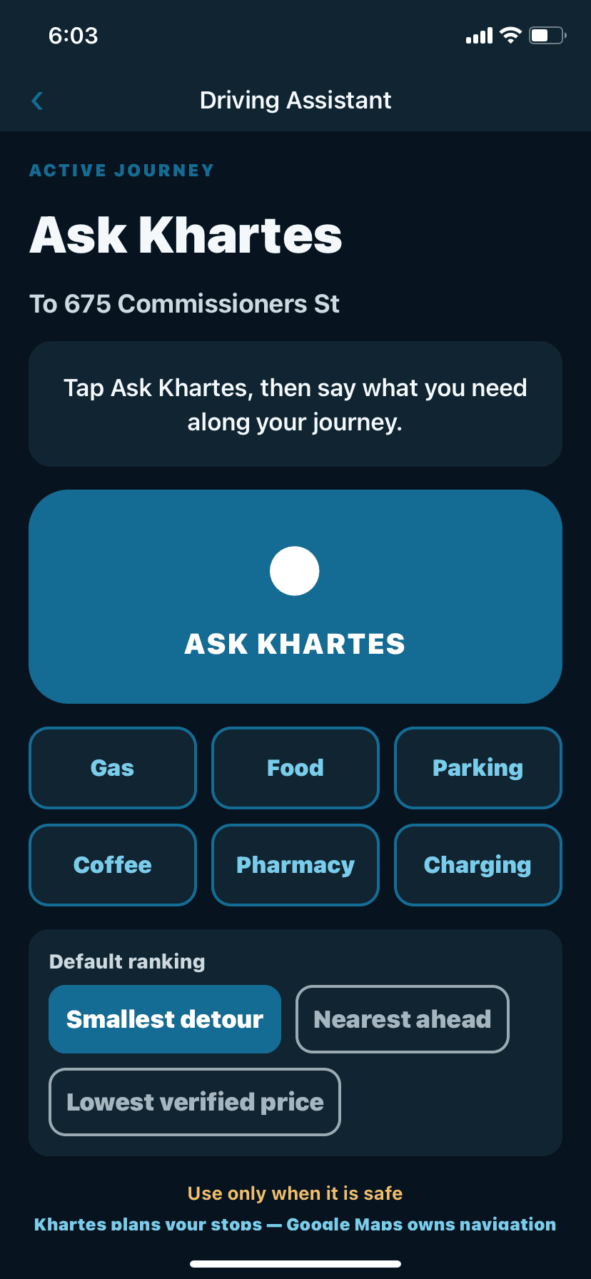 Ask Khartes voice assistant screen with category shortcuts