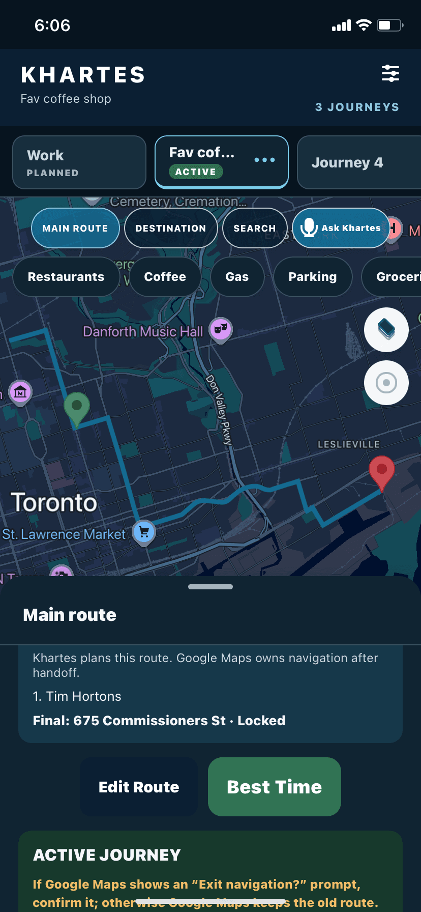 Khartes journey tabs above a Toronto map with a multi-stop route